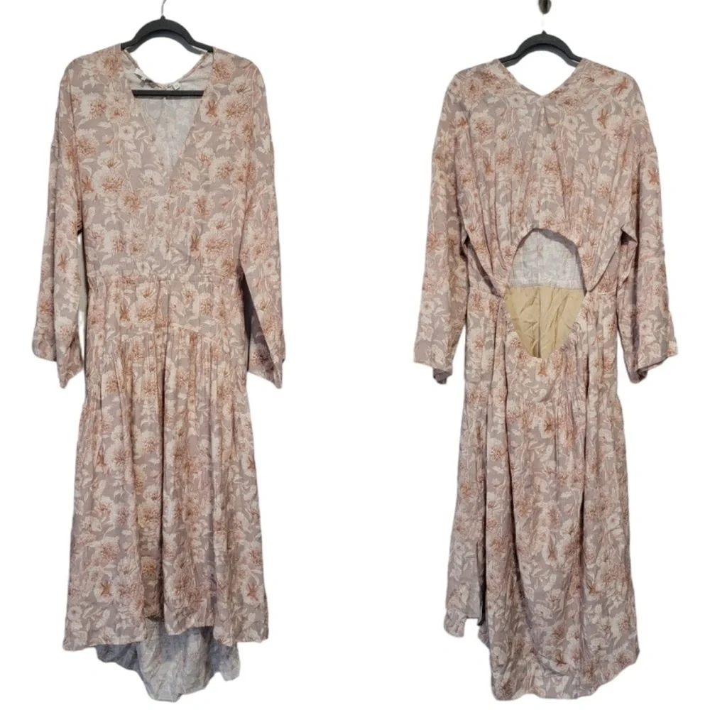 Vince Women's Dress XL Midi Dahlia Long Sleeve Double V-Neck Cottage Feminine - Picture 4 of 10